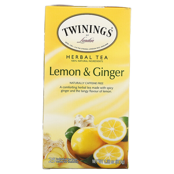 Twinings‏, Herbal Tea, Lemon & Ginger, Caffeine Free, 25 Tea Bags, 1.32 oz (37.5 g)