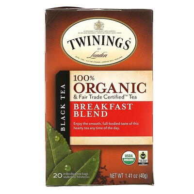 

Twinings 100% Органический Черный Чай, Купаж для Завтрака, 20 пакетиков, 1.41 унций (40 г)