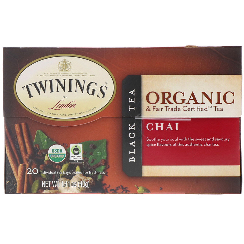 Twinings, Organic Black Tea, Chai, 20 Tea Bags, 1.41 oz (40 g) iHerb