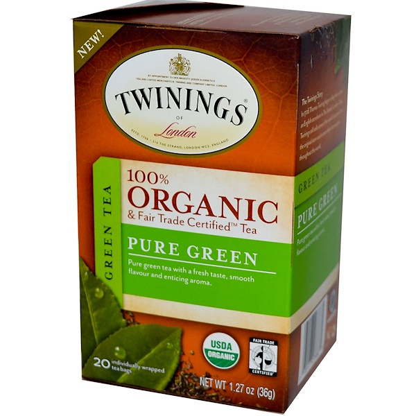 Twinings, 100 Organic Green Tea, Pure Green, 20 Tea Bags, 1.27 oz (36