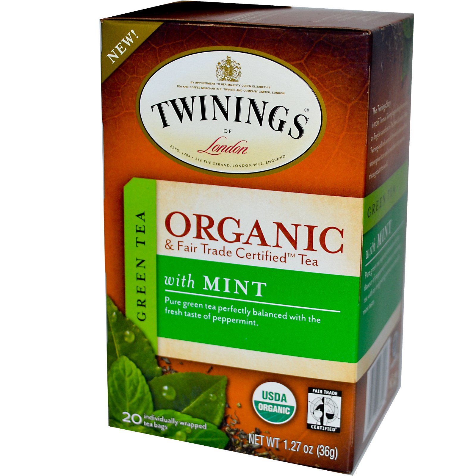 Twinings, Organic Green Tea with Mint, 20 Tea Bags, 1.27 oz (36 g) iHerb