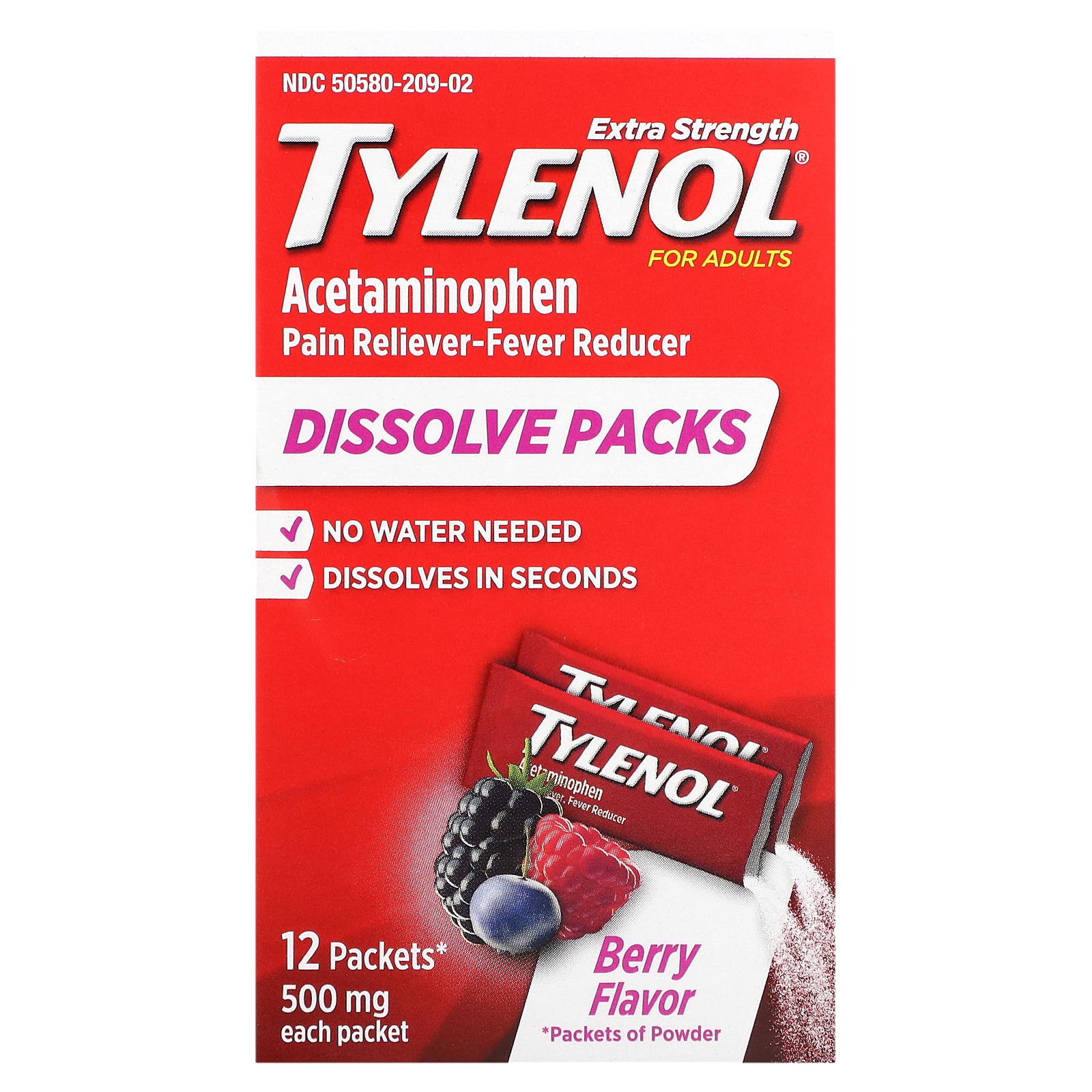Tylenol, Extra Strength Acetaminophen Dissolve Packs for Adults, Berry