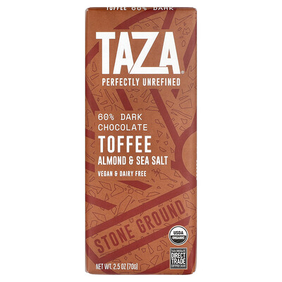 Taza Chocolate, Chocolate negro 60 %, Chocolate con almendras tofe y sal marina, 70 g (2,5 oz)