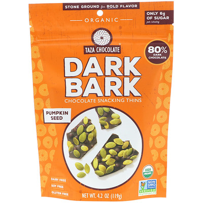 Taza Chocolate Organic, 80% Dark Bark Chocolate Snacking Thins, Pumpkin Seed, 4.2 oz (119 g)