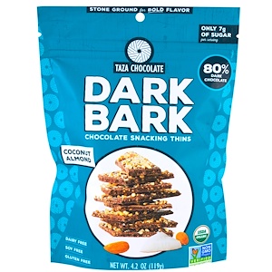 Купить Taza Chocolate, Organic, 80% Dark Bark Chocolate Snacking Thins, Coconut Almond,  4.2 oz (119 g)  на IHerb