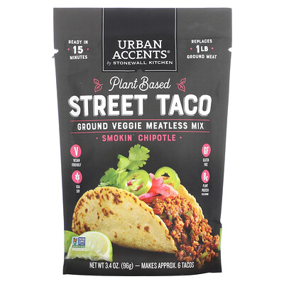 Urban Accents  Plant Based Street Taco  Ground Veggie Meatless Mix  Smokin' Chipotle  3.4 oz (96 g)