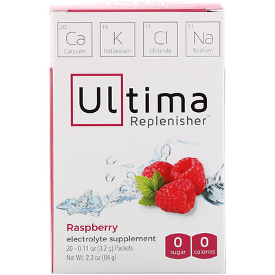 Ultima Replenisher Электролитовая добавка, малина, 20 пакетов, 3,2 г (0,11 унций) каждый