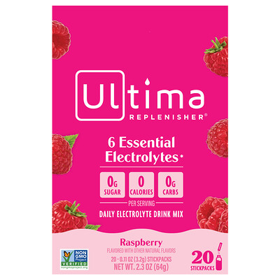 Product Image for Ultima Replenisher, Electrolyte Mix, Raspberry, 20 Packets, 0.11 oz (3.2 g) Each