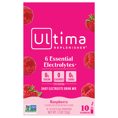 Product Image for Ultima Replenisher, 6 Essential Electrolytes, Daily Electrolyte Drink Mix, Raspberry, 10 Stickpacks, 0.11 oz (3.2 g) Each