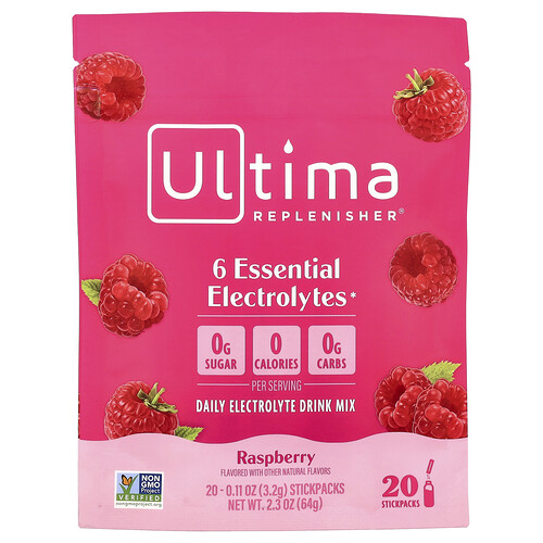 Ultima Replenisher 6 Essential Electrolytes, Daily Electrolyte Drink Mix, Raspberry, 20 Stickpacks, 0.11 oz (3.2 g) Each