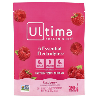 Ultima Replenisher, 6 Essential Electrolytes, Daily Electrolyte Drink Mix, Raspberry, 20 Stick Packs, 0.11 oz (3.2 g) Each