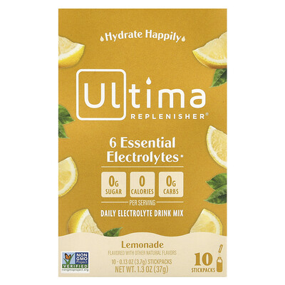 Ultima Replenisher  6 Essential Electrolytes  Daily Electrolyte Drink Mix  Lemonade  10 Stickpacks  0.13 oz (3.7 g) Each