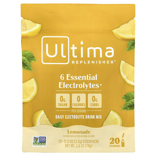 Ultima Replenisher, 6 electrolitos esenciales, Mezcla para preparar bebidas con electrolitos diarios, Limonada, 20 sobrecitos, 3,7 g (0,13 oz) cada uno