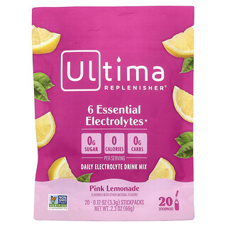 Ultima Replenisher, 6 Essential Electrolytes, Daily Electrolyte Drink Mix, Pink Lemonade, 20 Stickpacks, 3.3 g (0.12 oz) Each
