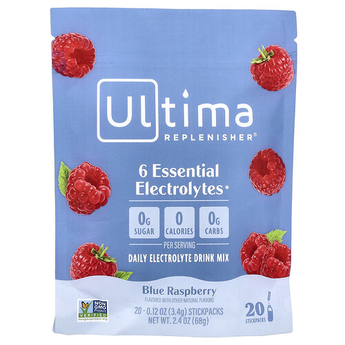 Ultima Replenisher 6 Essential Electrolytes, Daily Electrolyte Drink Mix, Blue Raspberry, 20 Stickpacks, 0.12 oz (3.4 g) Each