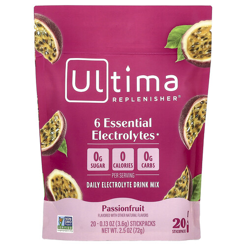 Ultima Replenisher 6 Essential Electrolytes, Daily Electrolyte Drink Mix, Passionfruit, 20 Stickpacks, 0.13 oz (3.6 g) Each