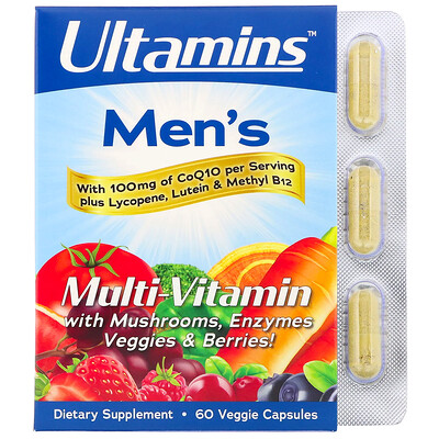 Ultamins Мужской мультивитаминный комплекс с CoQ10, грибами, ферментами, овощами и ягодами, 60 растительных капсул