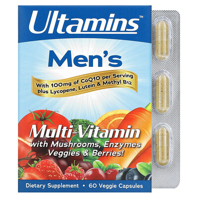 

Ultamins, Ultamins, Men's Multi-Vitamin with CoQ10, Mushrooms, Enzymes, Veggies & Berries, 60 Veggie Capsules