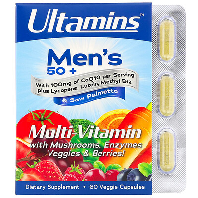 Ultamins Мультивитамины для мужчин старше 50 лет, с коэнзимом Q10, грибами, ферментами, овощами и ягодами, 60 растительных капсул