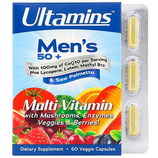 Ultamins, 50세 이상 남성용 CoQ10함유 종합비타민, 버섯, 효소, 채소 및 베리 함유, 베지 캡슐 60정