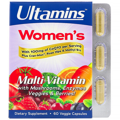 Ultamins Женский мультивитаминный комплекс с CoQ10, грибами, ферментами, овощами и ягодами, 60 растительных капсул