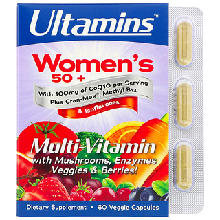 Ultamins, мультивитаминный комплекс для женщин старше 50 лет с коэнзимом Q10, грибами, ферментами, овощами и ягодами, 60 растительных капсул