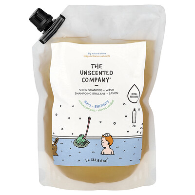 The Unscented Company, Champú y jabón líquido brillante para niños, Repuesto, Sin fragancia, 1 l (33,8 oz. líq.)