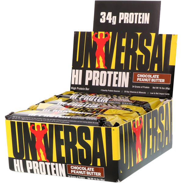 Universal Nutrition, HI Protein Bar, Chocolate Peanut Butter, 16 Bars, 3 oz (85 g) Each