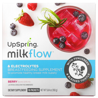 UpSpring MilkFlow, Fenugreek & Blessed Thistle Supplement Drink, Berry , 16 Packets, (10 g) Each