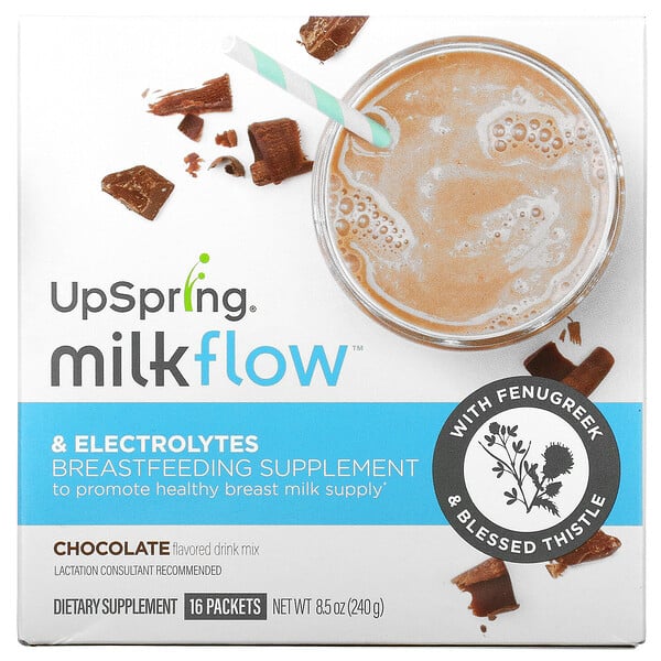 MilkFlow, 호로파 및 블레스드시슬 보충제 드링크, 초콜릿, 16팩, 팩당 15g