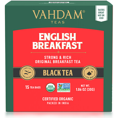 Vahdam Teas черный чай, для английского завтрака, 15 чайных пакетиков, 30 г (1,06 унции)