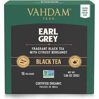Vahdam Teas, Black Tea, Earl Grey with Citrusy Bergamot, schwarzer Tee mit Zitrus und Bergamotte, 15 Teebeutel, 30 gm (1,06 oz.)