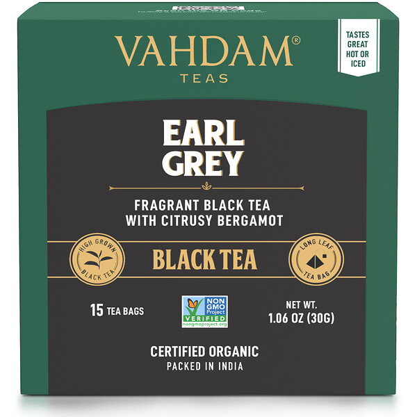 Vahdam Teas, Black Tea, Earl Grey with Citrusy Bergamot, 15 Tea Bags, 1.06 oz (30 g) iHerb