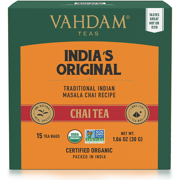 Vahdam Teas‏, תה צ׳אי ההודי המקורי, 15 שקיקי תה, 30 גרם (1.06 אונקיות)