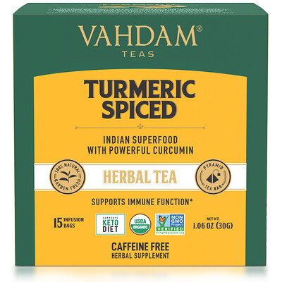 Vahdam Teas травяной чай, куркума и пряности, без кофеина, 15 чайных пакетиков, 30 г (1,06 унции)