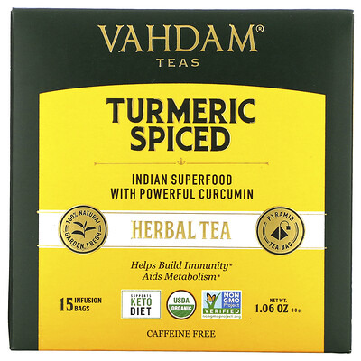 Купить Vahdam Teas Herbal Tea, Turmeric Spiced, Caffeine Free, 15 Tea Bags, 1.06 oz (30 g)