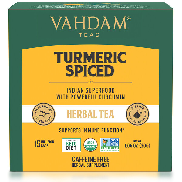 Vahdam Teas‏, תה צמחים, כורכום מתובל, נטול קפאין, 15 שקיקי תה, 30 גרם (1.06 אונקיות)