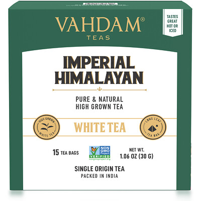 Vahdam Teas белый чай, величественный гималайский, 15 чайных пакетиков, 30 г (1,06 унции)