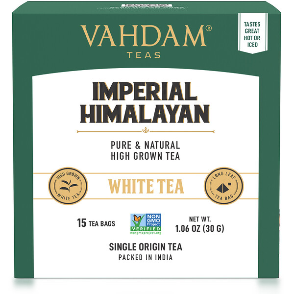 Vahdam Teas‏, Imperial Himalayan, תה לבן, 15 שקיקי תה, 30 גרם (1.06 אונקיות)