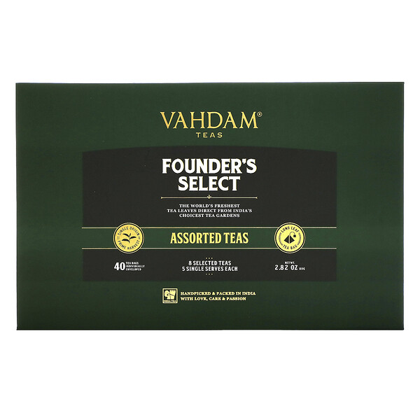 Vahdam Teas‏, מגוון סוגי תה מבית Founder's Select, מכיל 40 שקיקי תה, 80 גרם (2.82 אונקיות)