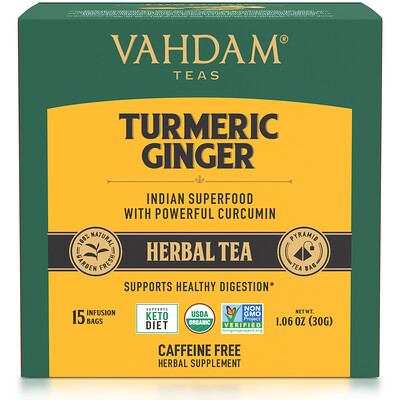 Vahdam Teas травяной чай, куркума и имбирь, без кофеина, 15 чайных пакетиков, 30 г (1,06 унции)