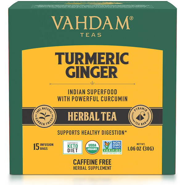 Vahdam Teas‏, תה צמחים, כורכום ג'ינג'ר, נטול קפאין, 15 שקיקי חליטת תה, 30 גרם (1.06 אונקיות)