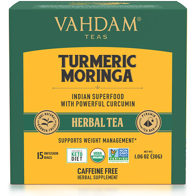Vahdam Teas травяной чай, куркума и моринга, без кофеина, 15 чайных пакетиков, 30 г (1,06 унции)