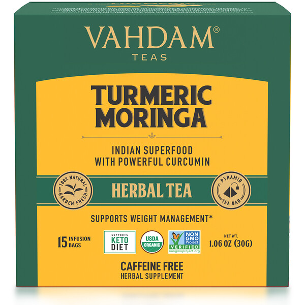 Vahdam Teas‏, תה צמחים, כורכום מורינגה, ללא קפאין, 15 שקיות חליטה, 30 גרם (1.06 אונקיות)