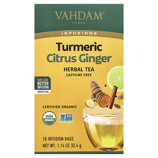 VAHDAM India, Infus, Teh Herbal, Kunyit Citrus Jahe, Bebas Kafein, 18 Kantong Infus, 32,4 g (1,14 ons)
