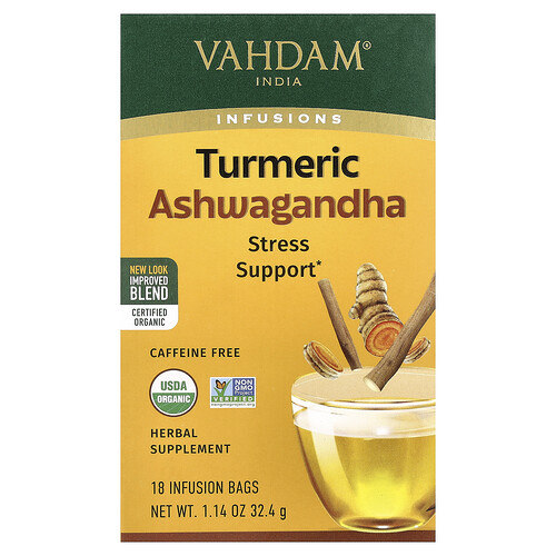 Vahdam India Infusions, Herbal Tea, Turmeric Ashwagandha, Caffeine Free, 18 Infusion Bags, 1.14 oz (32.4 g)