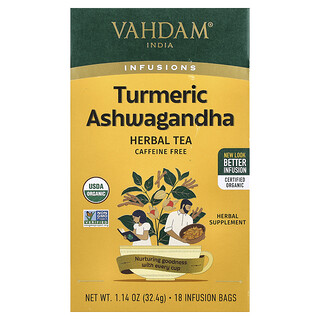 VAHDAM India, Infus, Teh Herbal, Ashwagandha Kunyit, Bebas Kafein, 18 Kantong Infus, 32,4 g (1,14 ons)