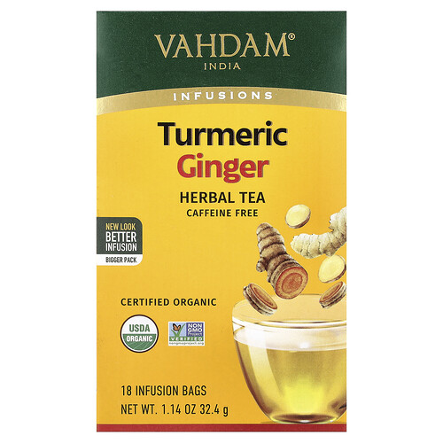 Vahdam India Infusions, Herbal Tea, Turmeric Ginger, Caffeine Free, 18 Infusion Bags, 1.14 oz (32.4 g)