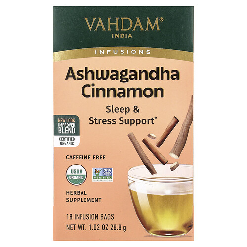 Vahdam India Infusions, Herbal Tea, Ashwagandha Cinnamon, Caffeine Free, 18 Infusion Bags, 1.02 oz (28.8 g)