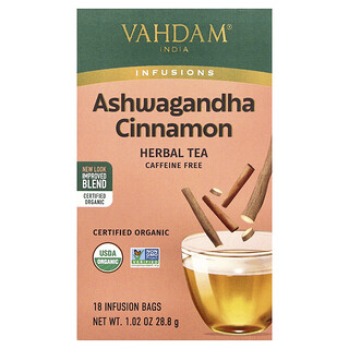 VAHDAM India, Infus, Teh Herbal, Kayu Manis Ashwagandha, Bebas Kafein, 18 Kantong Infus, 28,8 g (1,02 ons)